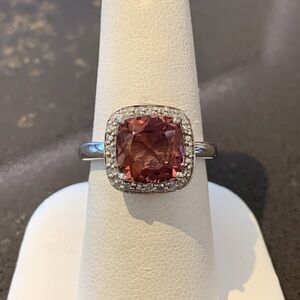 Sterling Silver Synthetic Pink Quartz & Diamond Halo Ring